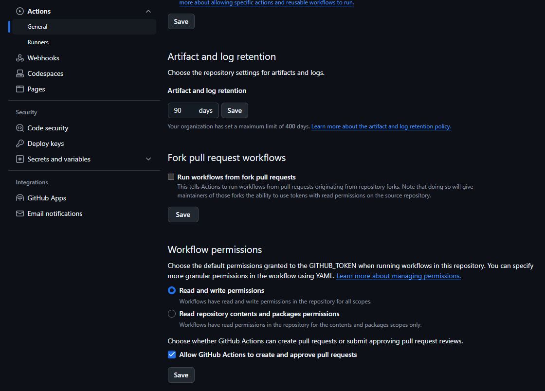 GitActions Settings